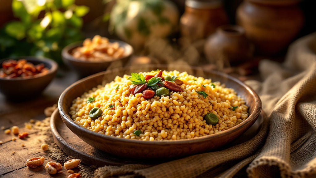 Couscous de mil du Nord Cameroun servi avec sauce gombo et poisson fumé
