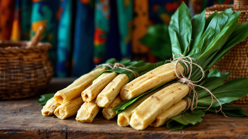 Bâton de manioc et bobolo camerounais enveloppés de feuilles sur une table en bois