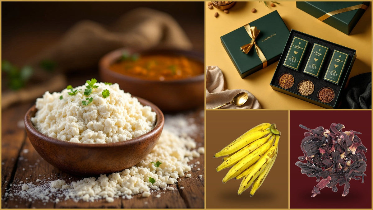 Table de Noël camerounaise en France : fufu et sauce, coffret d'épices du Cameroun, plantains mûrs et fleurs de bissap