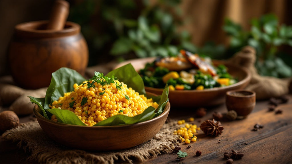 Couscous de maïs camerounais dans des feuilles de bananier avec légumes et morue fumée