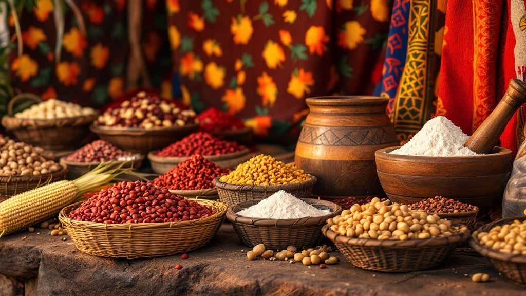 Étals du marché de Bafoussam avec haricots, maïs et épices de l'Ouest Cameroun pour une épicerie camerounaise en ligne