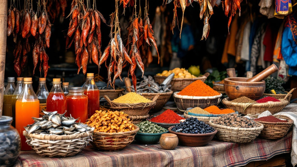 Étals du marché Nkolndongo, produits d'épicerie camerounaise en ligne : épices et poisson fumé