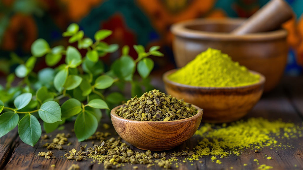 Feuilles de moringa séchées et poudre verte dans des bols en bois camerounais