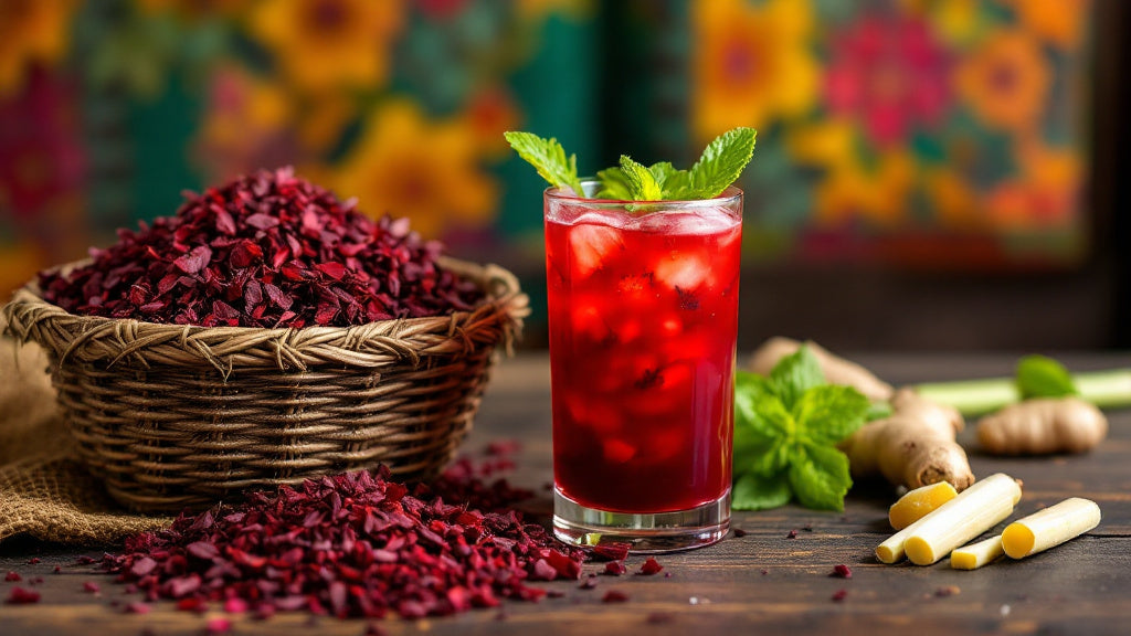 Fleurs d'hibiscus séchées et verre de jus de bissap camerounais glacé