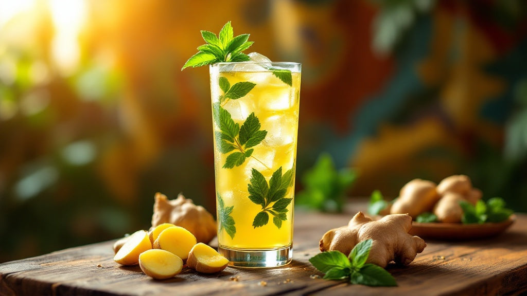 Jus de gingembre frais maison avec menthe et glaçons sur table en bois