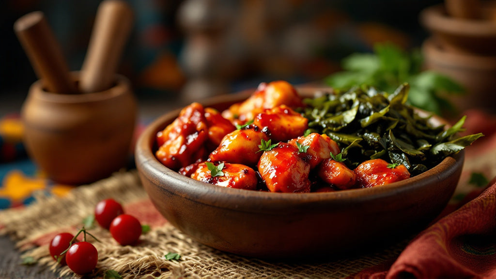 Kati-kati camerounais, poulet grillé à l'huile de palme rouge servi avec du njama njama
