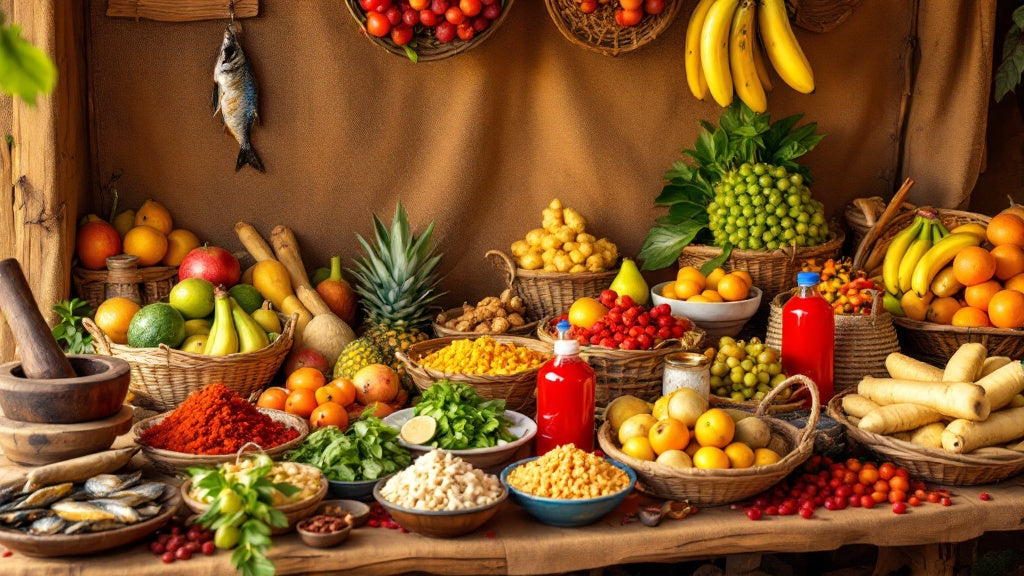 Étal de marché camerounais avec poissons fumés, fruits tropicaux et épices, épicerie camerounaise en ligne