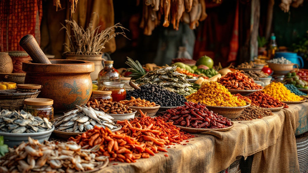 Étal du marché Sandaga avec épices et produits camerounais en ligne livrés en France