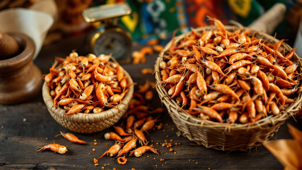 Écrevisses et crevettes séchées du Cameroun vendues au poids sur un étal de marché