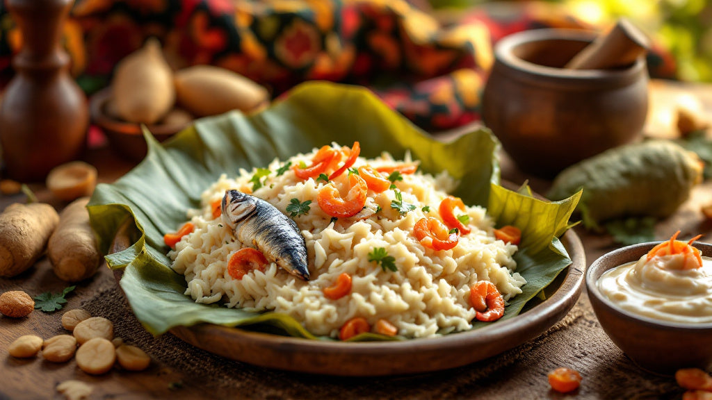 Kwakoukou camerounais, macabo râpé servi en feuille de bananier avec sauce blanche aux arachides