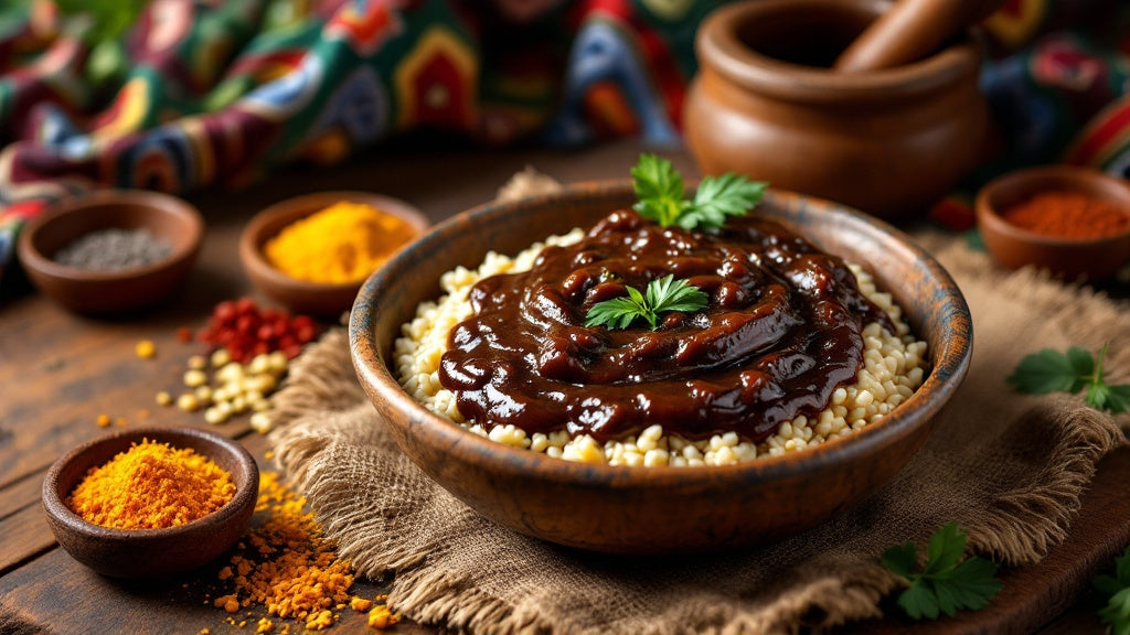 Sauce Nkui camerounaise servie avec du couscous de mais, plat traditionnel de l'Ouest Cameroun