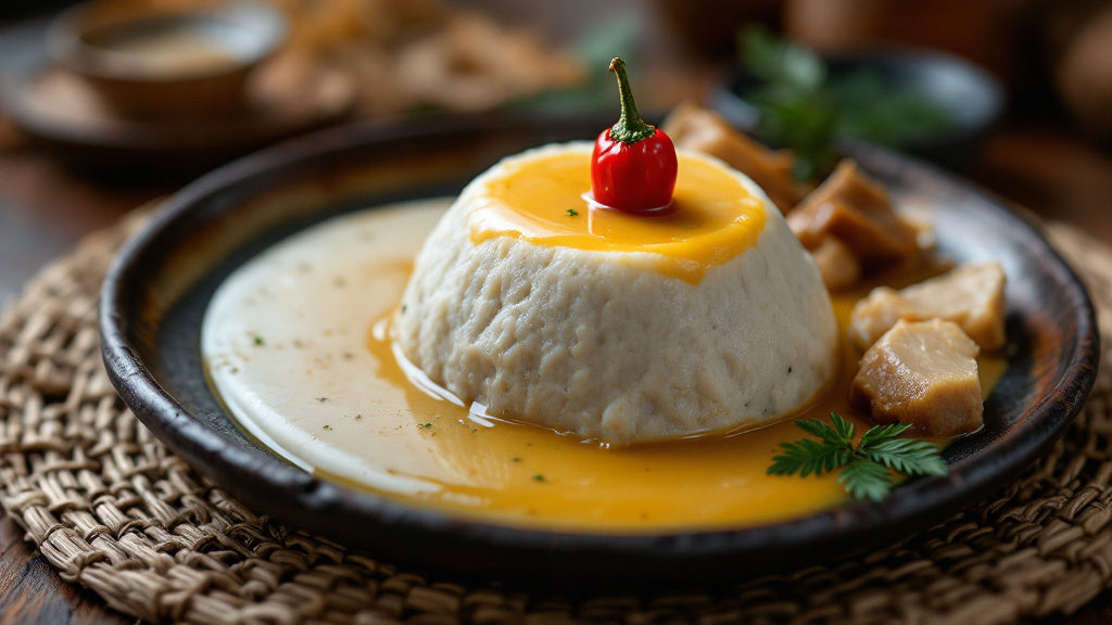 Taro a la sauce jaune camerounais, pate de taro pilee et sauce jaune a l'huile de palme, recette du Nord-Ouest Cameroun