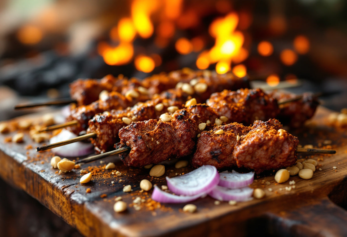 Brochettes de soya camerounais (suya) enrobées d'épices yaji, grillées au charbon de bois