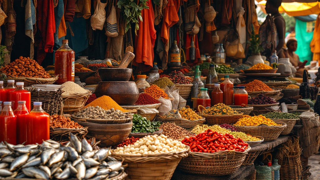 Étal de marché camerounais garni d'épices, huile de palme rouge et poisson fumé pour l'épicerie camerounaise en ligne