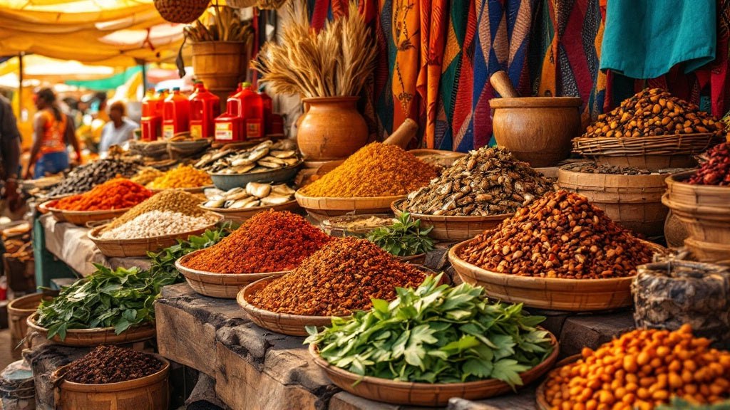 Etal abondant d'epicerie camerounaise en ligne au marche de Yaounde : epices, poivre de Penja, huile de palme rouge et poisson fume