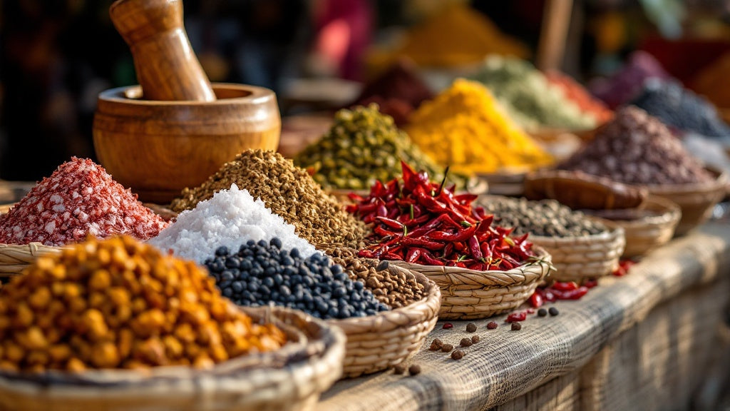 Étal d'épices et de piments du marché Essos, épicerie camerounaise en ligne