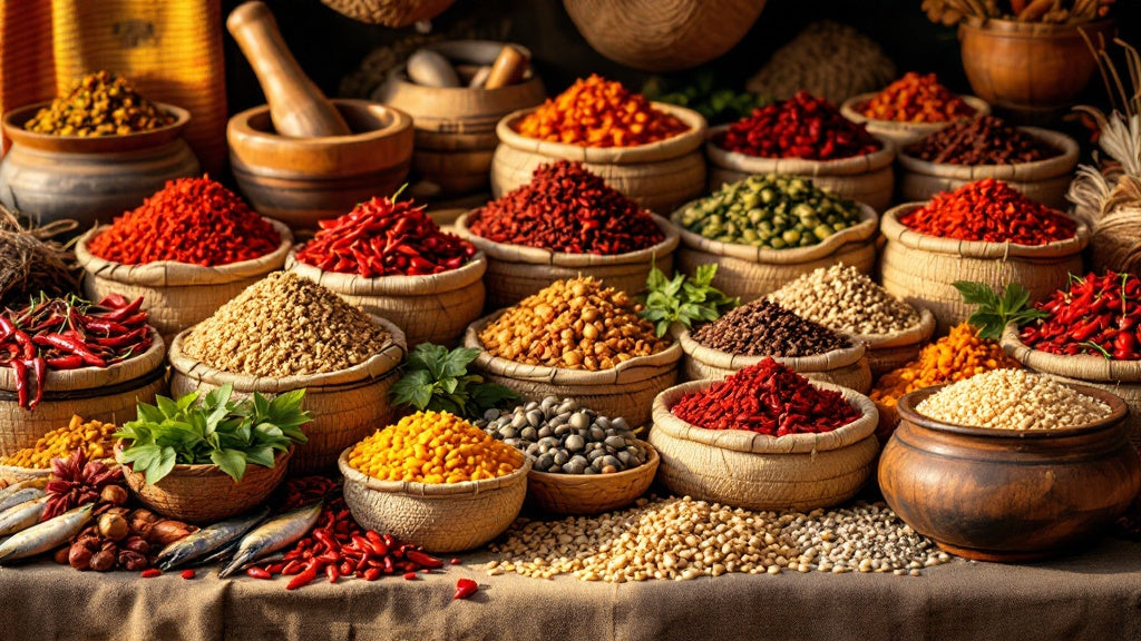 Étal coloré d'épicerie camerounaise avec épices, piments et poisson fumé dans des paniers tressés