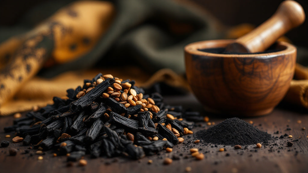 Écorce de mbongo noircie et poudre d'épice noire camerounaise sur bois