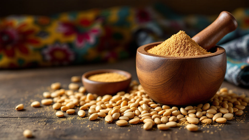 Amandes de ndo'o, la noix de dika camerounaise, dans un mortier en bois traditionnel