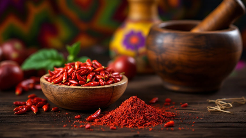 Piment rouge camerounais séché et moulu dans un bol en bois avec mortier