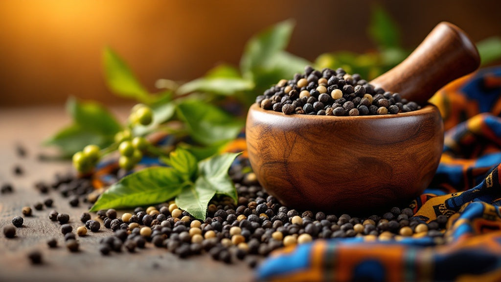 Grains de poivre de Penja noir, blanc et vert dans un mortier en bois africain