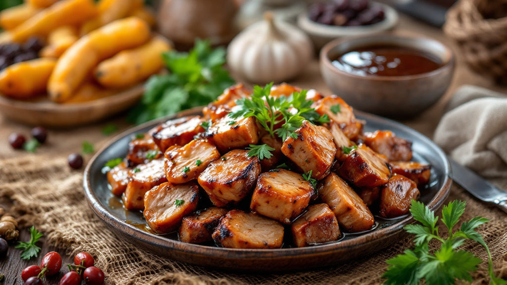 Porc braisé camerounais grillé au barbecue avec sa sauce de précuisson