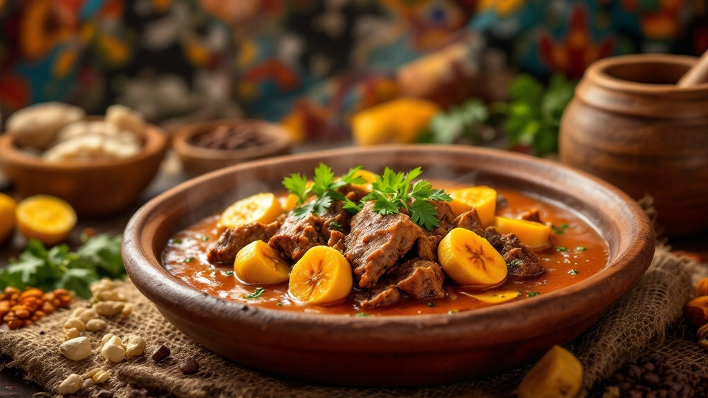 Kondre de chèvre camerounais aux bananes plantains et huile de palme rouge