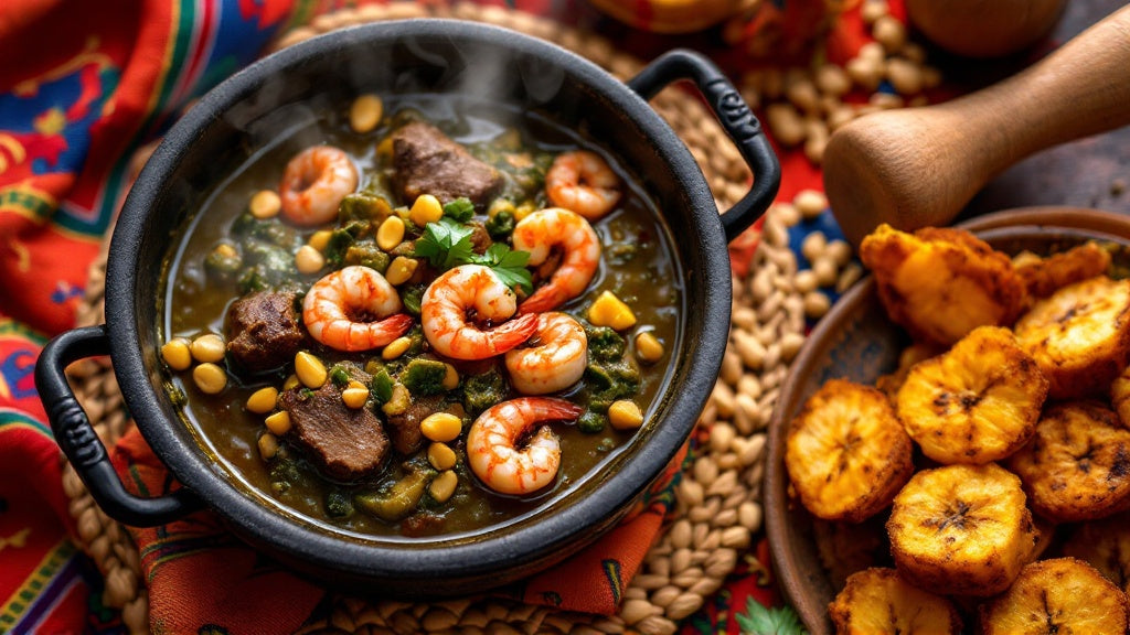 Plat de ndolé camerounais aux crevettes et arachides avec huile de palme rouge et bananes plantain frites