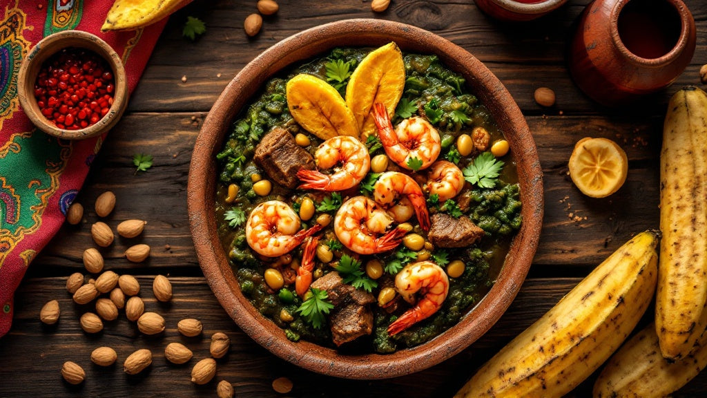Ndolé aux crevettes et arachides servi avec bananes plantain, recette camerounaise