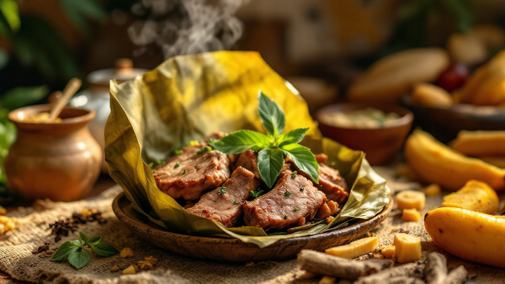 N'domba de porc camerounais en papillote de feuilles de bananier