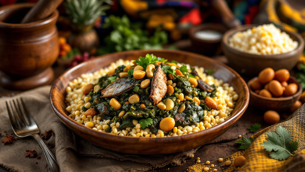 Recette njapche camerounais : feuilles de morelle, egusi et poisson fumé avec couscous de maïs