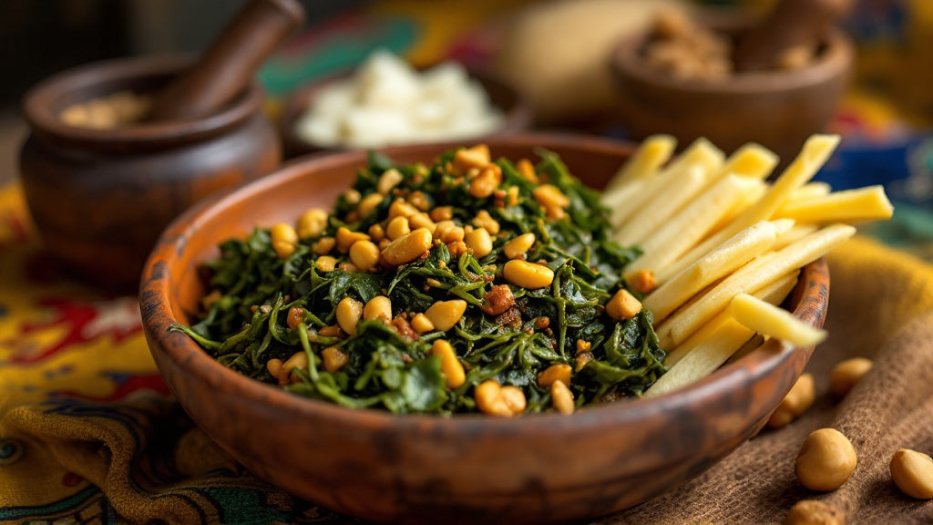 Okok sucré camerounais aux arachides et huile de palme servi avec des bâtons de manioc