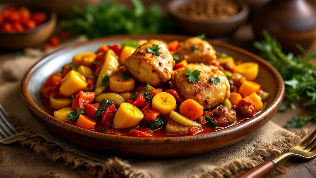 Recette Poulet DG camerounais : poulet doré, plantains frits et légumes en sauce