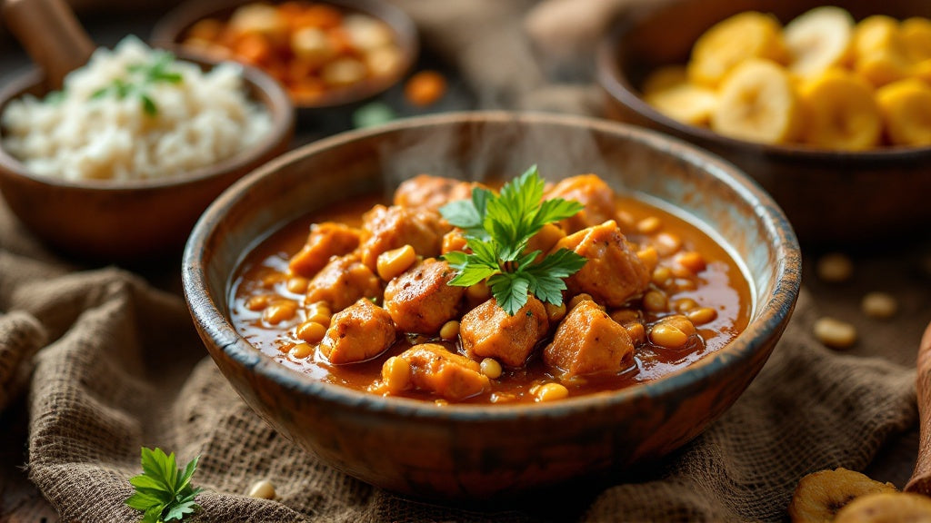 Sauce arachide camerounaise au poulet fumé servie avec du riz et de la banane plantain
