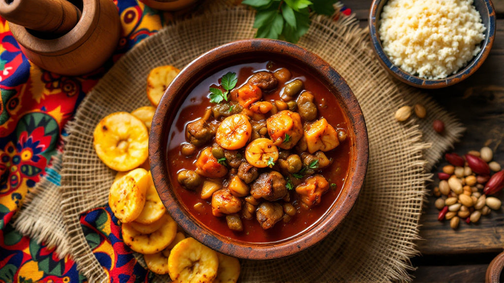 Sauce gombo camerounaise onctueuse et gluante à l'huile de palme rouge avec viande et poisson fumé, servie avec du plantain frit