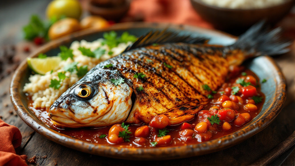 Tilapia braisé camerounais doré, nappé de sauce tomate épicée, servi avec citron et persil frais